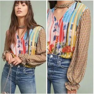 Anthropologie Colorful Floral and Geometric Blouse